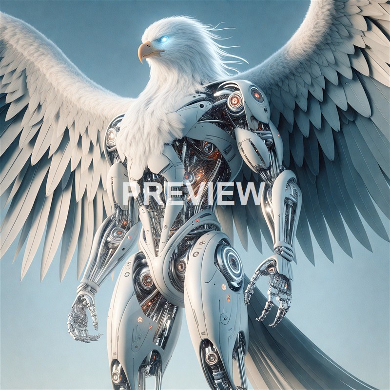 An eagle with glowing blue eyes is depicted with a body composed of advanced metallic and robotic components, and large detailed wings spread out behind it.